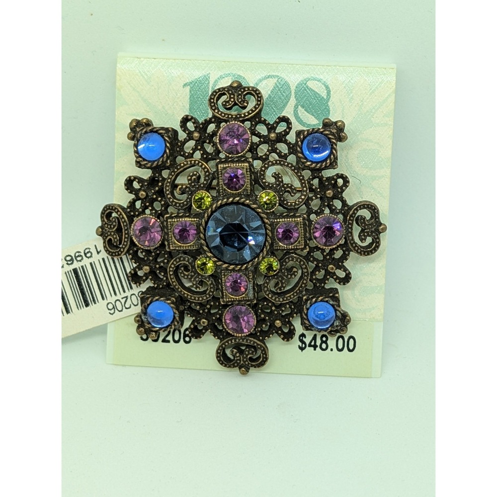 1928 Company Bronze Filigree Rhinestone Victorian Style Multicolor Brooch 2 In